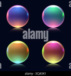 glossy transparent sphere in 3d with vibrant gradient highlights and reflection placed on dark background creating a modern abstract design element wi Stock Vector