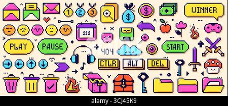 Pixel art game color elements. Emoji, basket, headphones, chest, mushroom, money, medal drawn in simple Y2K bit style. Stock Vector