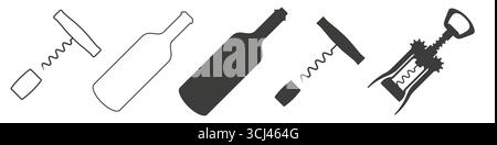 Wine bottle, corkscrew and cork. Corkscrew with levers in the lower position. Wing opener silhouette. Flat vector illustration isolated on white backg Stock Vector