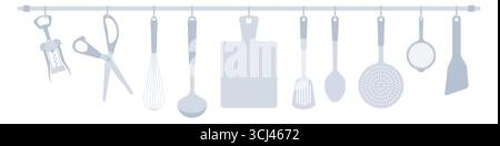 Kitchen rail with tools. Flat vector illustration isolated on white Stock Vector