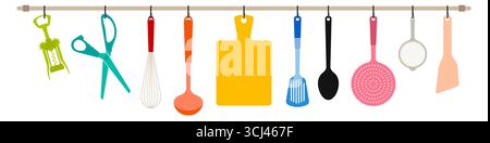 Kitchen rail with tools. Flat vector illustration isolated on white Stock Vector