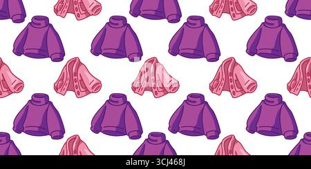 Seamless Cartoon Sweater Clothes Pattern. Cartoon sweaters and cardigans arranged in flat seamless pattern. Bright colorful illustration on white back Stock Vector
