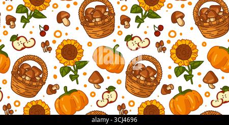 Seamless Autumn Harvest Food Pattern. Cartoon pumpkins, mushrooms, apples and sunflowers arranged in flat seamless pattern. Bright colorful illustrati Stock Vector