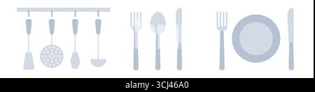 Kitchen and cutlery. Spatula, colander, ladle. Two-tone grey icons. Flat vector illustration isolated on white Stock Vector