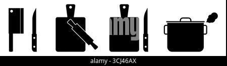 Meat cleaver, knife. Cutting board, rolling pin. Saucepan cooks, steam. Flat vector illustration isolated on white Stock Vector