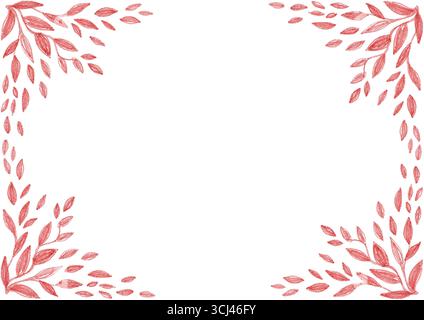 Frame. From the left and right sides there are patterns consisting of leaves of different sizes. Red color and shades. Drawing with colored pencils. W Stock Photo
