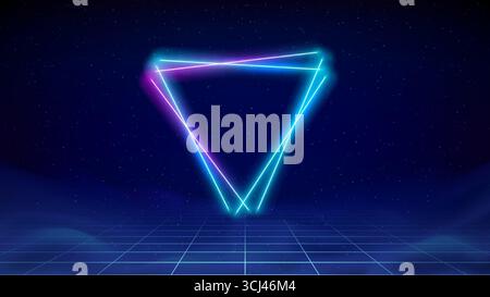 Retro futuristic abstract background. Synthwave 80s style, neon color. Shining triangle, laser, neon grid. 3d dark blue backdrop, digital template Stock Vector