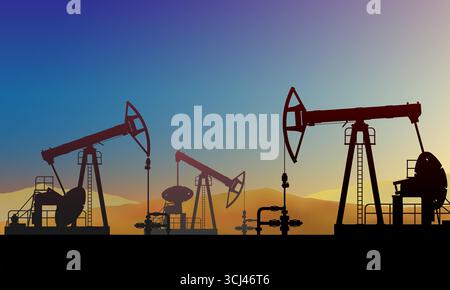 Pumpjack, pump jack pumps oil. Background colorful sunset sky. Onshore crude oil production, industry, business. Oil field. Silhouette, horizon desert Stock Vector