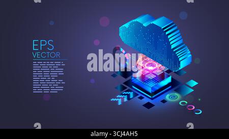Security and protection cloud data in cloud storage of computing data center. Secure digital data in Internet services. 3d Isometric illustration of d Stock Vector