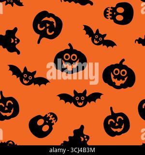 Halloween themed pattern with bats, pumpkins, and ghosts on an orange background creating a festive atmosphere Stock Vector