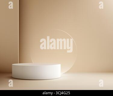 minimalist beige background with white round podium and subtle transparent circle created for elegant product display modern showroom presentation or Stock Vector