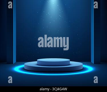 futuristic dark blue room with glowing circular 3d platform under spotlight featuring floating particles, a modern stage for technology award product Stock Vector