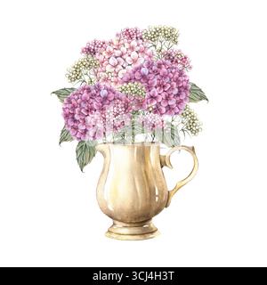 Large lush bouquet in a vase of pink hydrangea small flowers, dried flowers and green leaves. Watercolor botanical illustration. Suitable for greeting Stock Photo