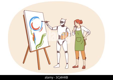 Robot with artificial intelligence stands next to woman artist and creates masterpiece on easel. Robot with modern technologies helps artist come up with new creative compositions and paint pictures Stock Vector