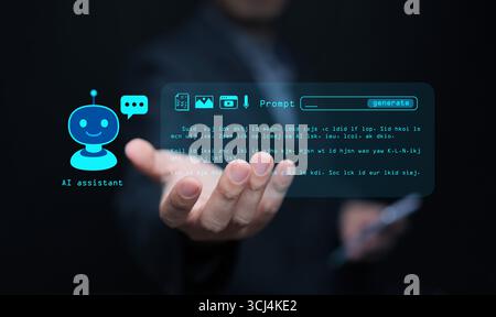 AI agent virtual assistant screen with futuristic holographic interface, symbolizing smart technology, generative AI, and digital automation that enha Stock Photo