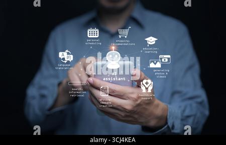 Digital AI assistant application with holographic interface, symbolizing artificial intelligence tools designed to enhance daily life activities, prod Stock Photo