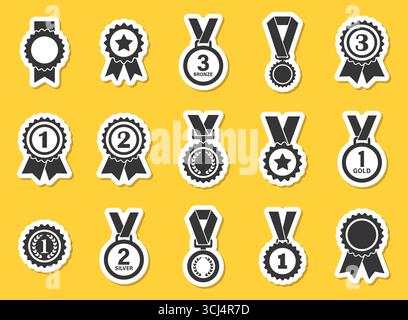Gold, silver, bronze medals sticker icons set in flat style. Trophy award vector illustration on isolated background. Winner sign business concept. Stock Vector