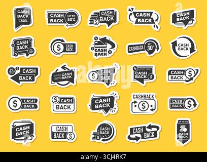 Cashback sticker icon set in flat style. Money back label vector illustration on isolated background. Cash back poster sign business concept. Stock Vector
