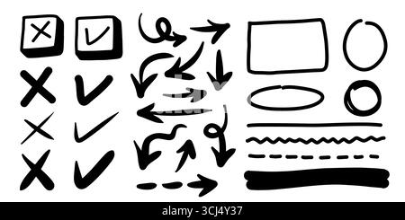 Doodle vector lines and curves.Hand drawn check and arrows signs. Set of simple doodle lines, curves, frames and spots. Collection of pencil effects. Stock Vector