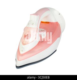 A detailed studio shot of a modern pink and white cordless steam iron, isolated on a clean white background Stock Photo