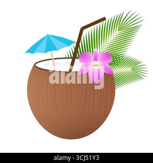 Coconut Juice or Coconut Water Drink, Coconut Cocktail. Vector Illustration Isolated on White Background. Stock Vector