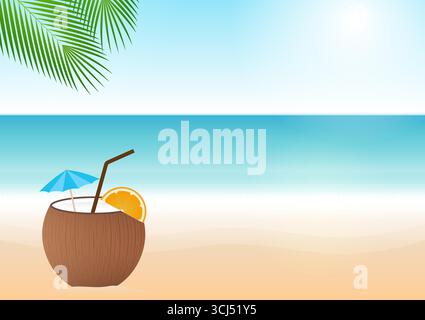 Coconut Juice or Coconut Water Drink, Coconut Cocktail on Beach. Vector Illustration. Stock Vector