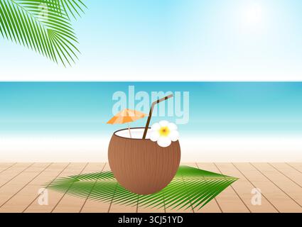 Coconut Juice or Coconut Water Drink, Coconut Cocktail on Beach. Vector Illustration. Stock Vector