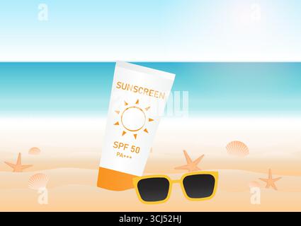 Sunscreen Lotion on Beach. Summer Beach Background. Vacation or Holiday Background. Vector Illustration. Stock Vector