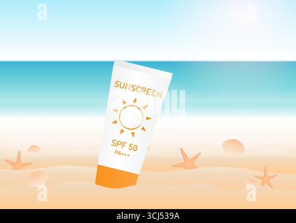 Sunscreen Lotion on Beach. Summer Beach Background. Vacation or Holiday Background. Vector Illustration. Stock Vector