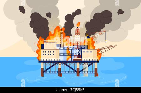 Accident in offshore oil platform with fire and smoke pollution on broken tower cranes and industrial drilling rigs, danger of explosion. Disaster at burning ocean or sea crude oil extraction station Stock Vector