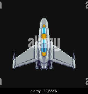 Pixel art spaceship isolated on black background, perfect for retro video games, designs, and sci-fi projects. Vector illustration. Stock Vector