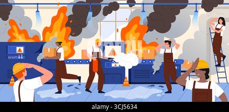 Accident in factory building interior with burning conveyor machine, firefighting unsafe process by workers. People in panic on broken manufacturing line, destruction with danger of explosion Stock Vector