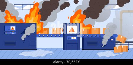 Accident in factory building interior with danger of fire and toxic smoke, broken industrial machine. Flame and destruction, breakdown on conveyor with cardboard boxes, warning sign on equipment Stock Vector