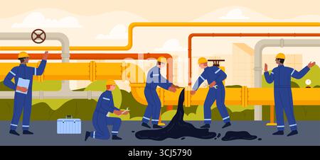 Oil pipeline accident with oil leak, repair process of pipe system by workers and engineers team. Danger and environmental pollution from fuel spills, technicians in uniform and helmet fix breakdown Stock Vector