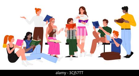 People read books from library together, reading club gathering, bookcrossing. Young smart students crowd and happy friends group studying, characters holding books cartoon vector illustration Stock Vector