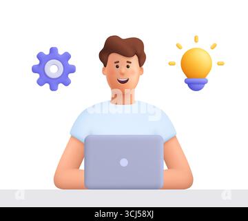 Young smiling man working on laptop with lightbulb and cogwheel, gear. Creativity innovation, problem solving, brainstorm and business idea concept. 3 Stock Vector