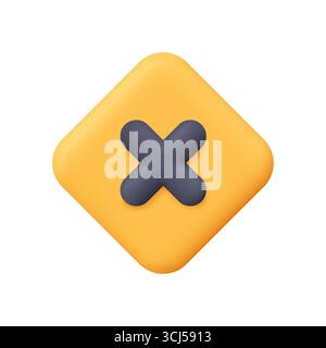 Black cross on yellow diamond rhombus button. Close, delete, reject symbol. User interface concept. 3d vector icon. Cartoon minimal style. Stock Vector