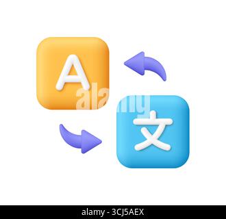 Language translator symbol on square buttons with rounded arrows. Translate app, foreign Languages, online dictionary and online learning concept. 3d Stock Vector