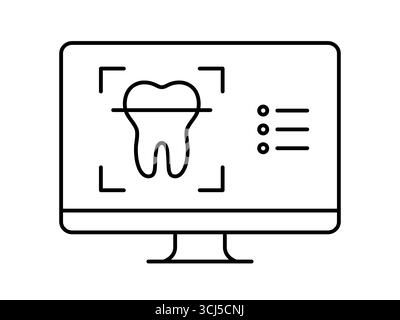 Dental imaging line icon. Digital dental X-ray and tooth scanning. Tooth on a computer screen. Oral radiography and 3D scanning technology. Vector Stock Vector