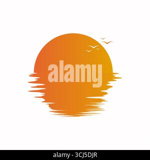 Simple a sunset over water with smooth reflections and birds in the sky, vector illustration Stock Vector