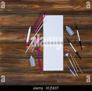 Notebook mockup background for design. Top view shooting. Mock up poster sketchpad frame. Stock Photo