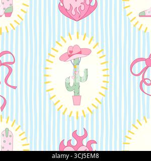 Cowgirl seamless pattern. Cowboy western theme, cactus, boots, flame heart and coquette bow. Hand-drawn cartoon print on a stripy blue background. Vector wallpaper, t-shirt, vintage wrapping paper. Stock Vector