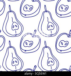 Bright illustrations of apples and pears are arranged in a fun pattern on a white background. The simple line drawings provide a whimsical feel perfec Stock Vector