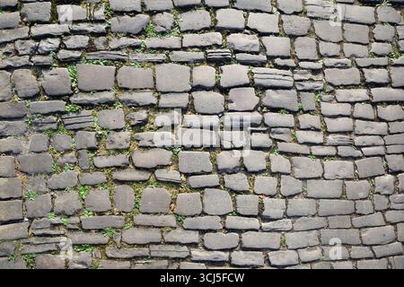 Cobbled street of worn gray stones with spaces between them filled with earth and plants. Top view. Stock Photo