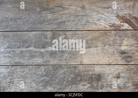 Detail of three horizontal wooden boards worn by time with a brown and gray tone. Top view. Stock Photo