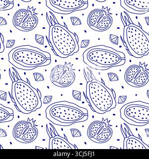 Tropical fruits and citrus slices create a lively pattern in blue ink on a white background. This design emphasizes the juicy textures and shapes of f Stock Vector