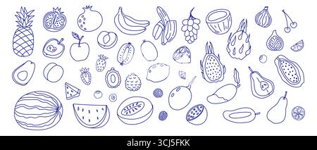An array of hand-drawn fruits including bananas, apples, pineapples, and watermelons, arranged creatively on a white background, highlighting their un Stock Vector