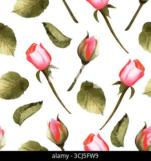 Watercolor pattern of unopened rose buds with leaves. Seamless banner for textiles and prints Stock Photo