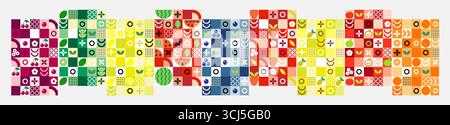 Set of fruit and berry patterns in abstract geometric style. Minimalistic mosaic design for packaging, textile, label, banner, template. Stock Vector