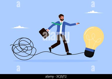 Businessman balances from complex business solution to simple one. Concept of solving business problems or complex situations, Process of creative thi Stock Vector